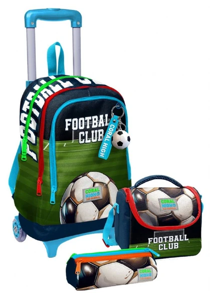 Coral High Çekçek Tekerlekli Erkek Çocuk, Lacivert Yeşil Futbol, İlkokul Üçlü Okul Çanta Seti