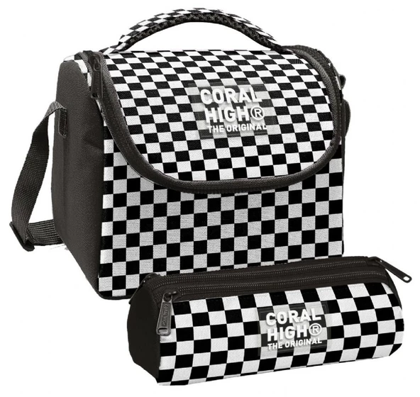 Coral High Kız Çocuk Siyah Beyaz Damalı Thermo Beslenme Çantası ve Üç Bölmeli Kalemlik Seti ürün görseli