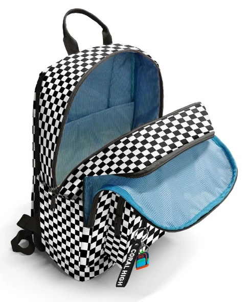 Coral High İlkokul ve Ortaokul Sırt Çantası - Kız Çocuk, Siyah Beyaz Dama Desenli, Dört Bölmeli - Resim 3