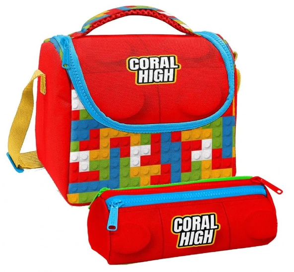 Coral High Erkek Çocuk Kırmızı Yapı Blokları Thermo Beslenme Çantası ve Üç Bölmeli Kalemlik Seti ürün görseli