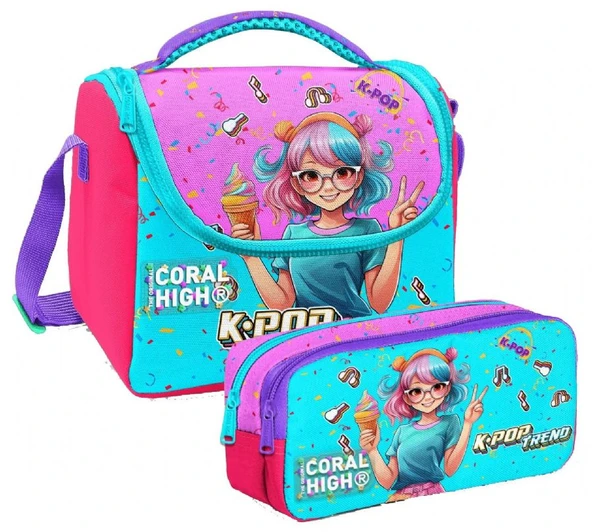 Coral High Kız Çocuk Pembe K-Pop Dondurmalı Kız Thermo Beslenme Çantası ve İki Bölmeli Kalemlik Seti ürün görseli