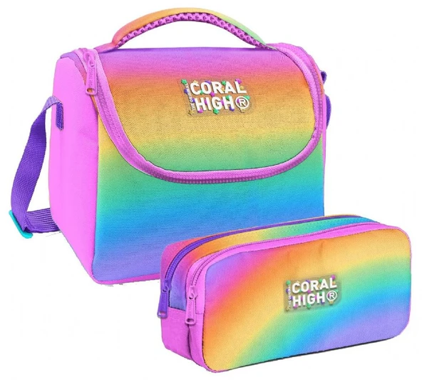 Coral High Kız Çocuk Çok Renkli Renk Geçişli Gradyan Thermo Beslenme Çantası ve İki Bölmeli Kalemlik Seti ürün görseli