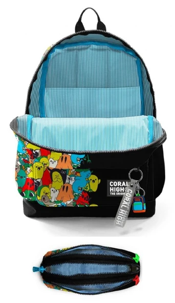 Coral High İlkokul Erkek Çocuklarına Özel Dört Gözlü Sırt Çantası ve Kalemlik Seti- Siyah Hayaletler - Resim 2