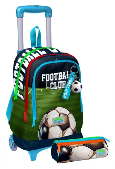 Coral High Işıklı Tekerlekli Erkek Çocuk, Lacivert Yeşil Futbol Baskılı, İlkokul Çekçek Çanta ve Kalemlik Seti
