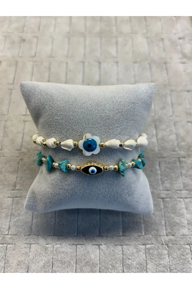 moda tasarım doğal taşlı nazar boncuklu deniz kabuklu bileklik ürün görseli 1
