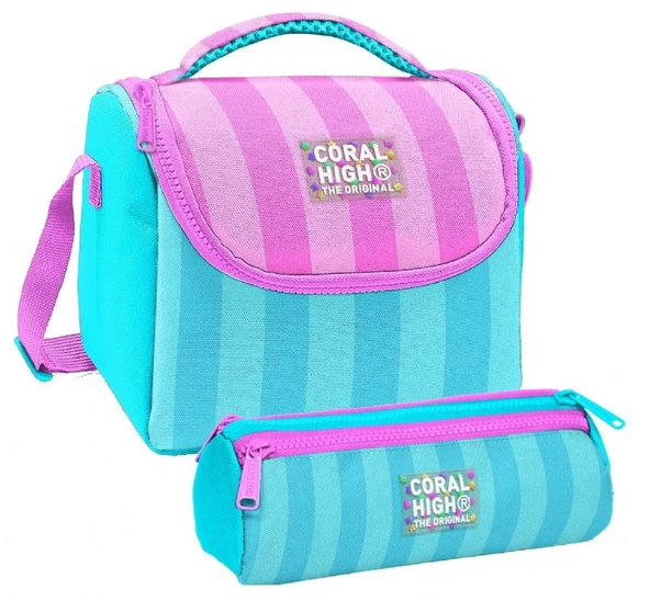 Coral High Kız Çocuk Turkuaz Pembe Çizgili Thermo Beslenme Çantası ve Üç Bölmeli Kalemlik Seti ürün görseli