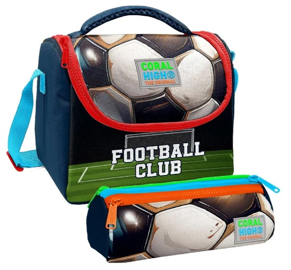 Coral High Erkek Çocuk Lacivert Yeşil Futbol Thermo Beslenme Çantası ve Üç Bölmeli Kalemlik Seti ürün görseli