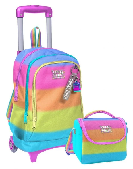 Coral High Işıklı Tekerlekli Çekçek Okul Çanta + Isı Yalıtımlı Beslenme Çantası - Kız Çocuk - Pembe Turuncu Renk Geçişli
