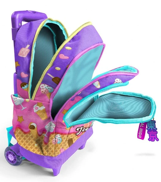 Coral High Işıklı Tekerlekli Çekçek Okul Çantası - 3 Bölmeli, 2'li Sap Ayarı, Lila Turkuaz Dondurmalı Kız (Kız Çocuk) 23973 - Resim 2
