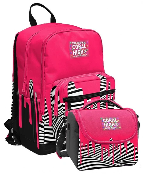 Coral High İlkokul ve Ortaokul Sırt Çantası ve Beslenme Seti - Kız Çocuklar İçin Pembe Siyah Beyaz Boya Desenli ürün görseli