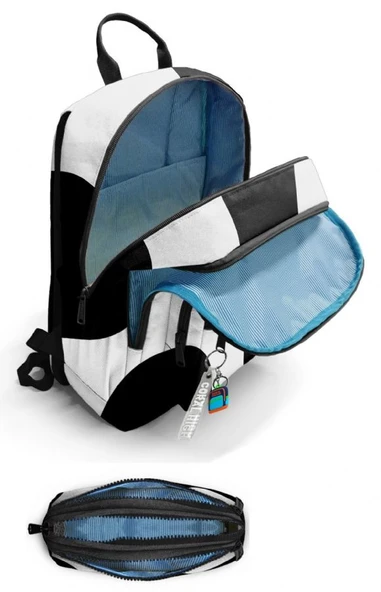 Coral High Erkek Çocuk Dört Gözlü Okul Sırt Çantası ve  Kalemlik Seti - Renkli Çizgili Siyah Beyaz - İlkokul ve Ortaokul İçin Uygun - Resim 2