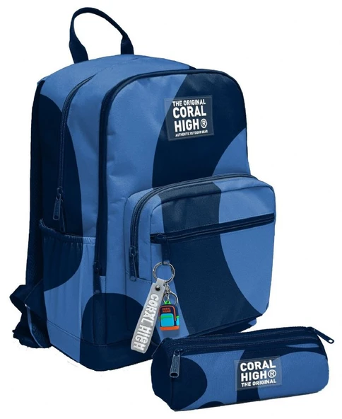 Coral High Erkek Çocuk Dört Gözlü Okul Sırt Çantası ve  Kalemlik Seti - Lacivert Mavi Renkli Çizgili - İlkokul ve Ortaokul İçin Uygun ürün görseli