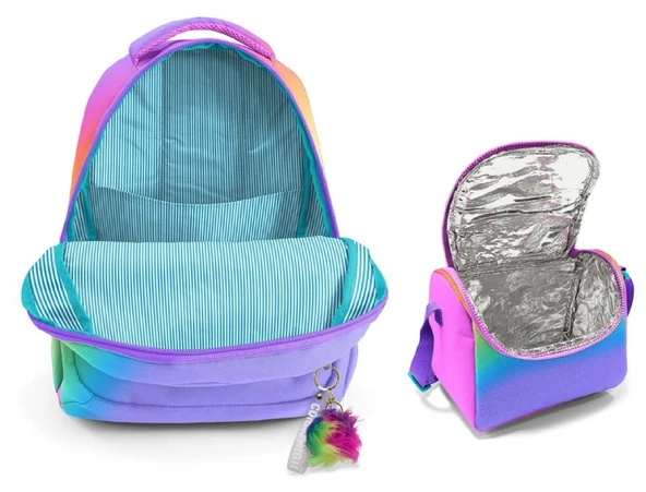 Coral HighKız Çocuklar İçin Üç Gözlü Çok Renkli Renk Geçişli Gradyan Okul Sırt Çantası ve Termal Beslenme Çantası - Resim 2