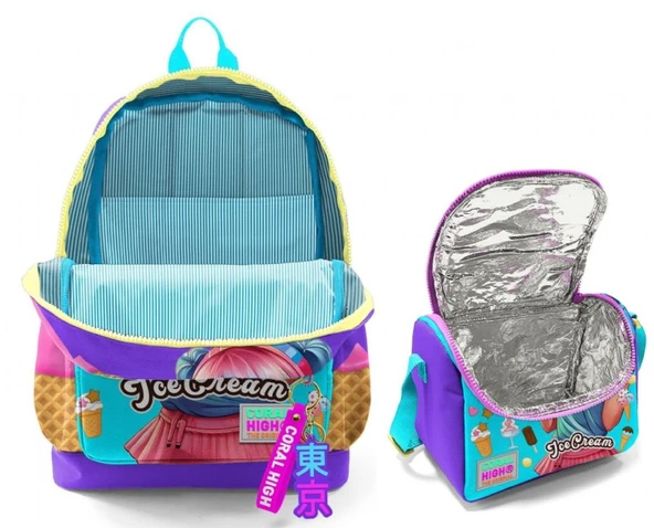 Coral High Kız Çocuklar İçin Dayanıklı İkili İlk Okul Çanta Seti  - Lila Turkuaz Dondurmalı Kız - Resim 2