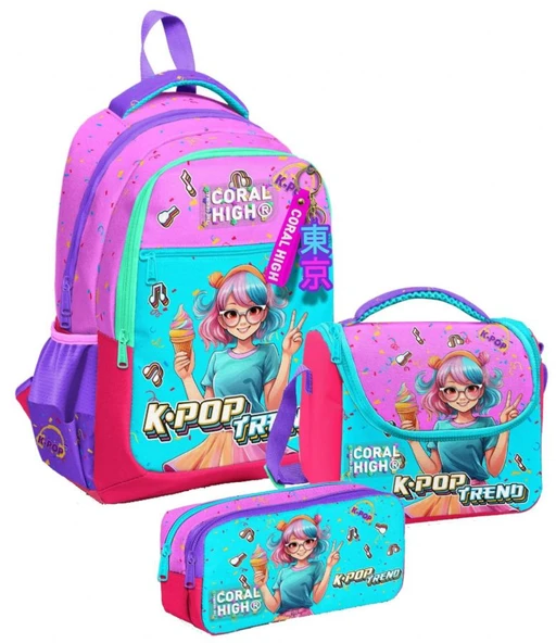 Coral High Üç Gözlü Pembe K-Pop Dondurmalı Kız, Kız Çocuk, İlkokul Üçlü Okul Çanta Seti ürün görseli