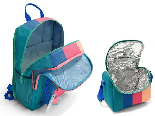 Coral High İlkokul ve Ortaokul Sırt Çantası ve Beslenme Seti - Kız Çocuklar İçin Yeşil Mavi Pembe Renkli Çizgili - Resim 2