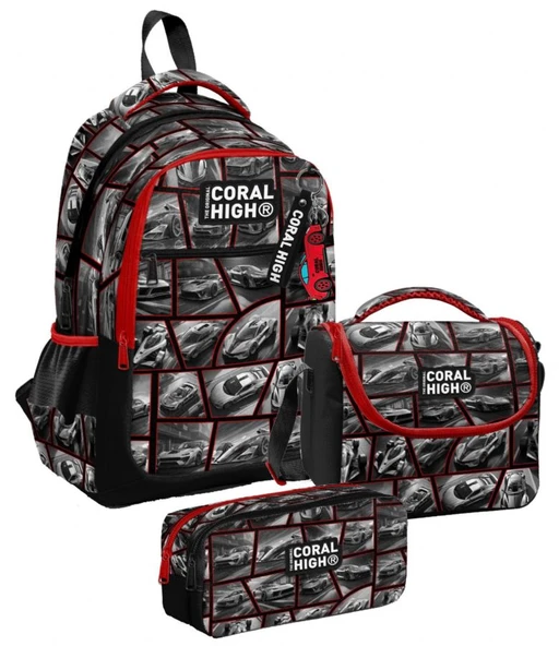 Coral High Üç Gözlü Siyah Kırmızı Araba, Erkek Çocuk, İlkokul Üçlü Okul Çanta Seti ürün görseli