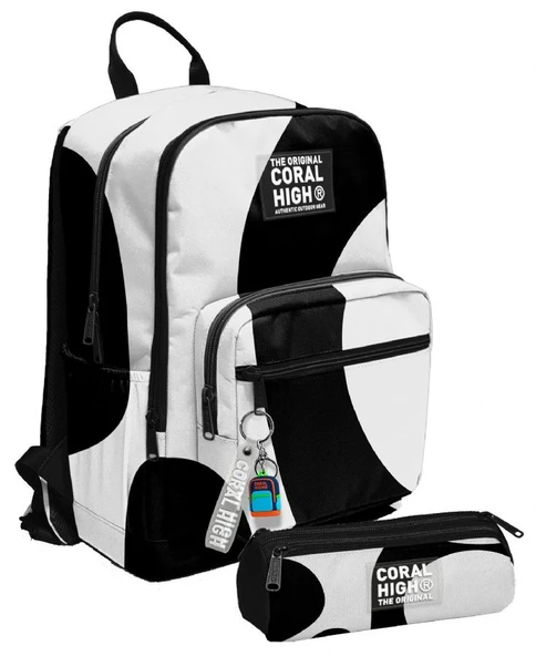 Coral High Erkek Çocuk Dört Gözlü Okul Sırt Çantası ve  Kalemlik Seti - Renkli Çizgili Siyah Beyaz - İlkokul ve Ortaokul İçin Uygun ürün görseli