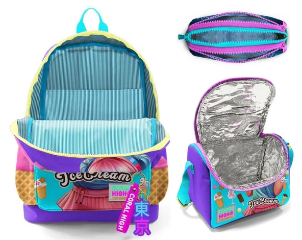 Coral High İlkokul Üçlü Okul Başlangıç Çanta Seti - Lila Turkuaz Dondurmalı Kız, Kız Çocuk - Resim 2