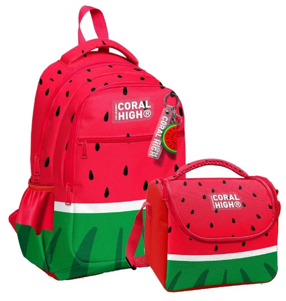 Coral HighErkek Çocuklar İçin Üç Gözlü Kırmızı Yeşil Karpuz Okul Sırt Çantası ve Termal Beslenme Çantası ürün görseli