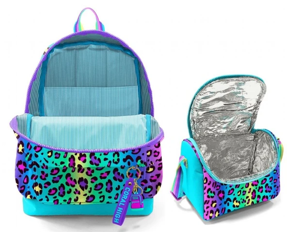 Coral High Kız Çocuklar İçin Dayanıklı İkili İlk Okul Çanta Seti  - Yeşil Mor Leopar - Resim 2