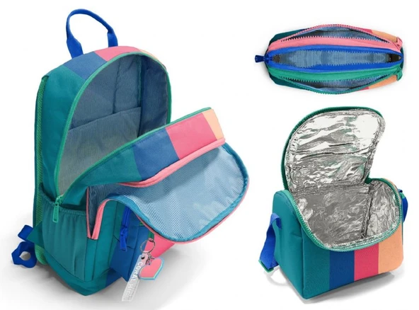 Coral High İlkokul ve Ortaokul Okul Çanta Üçlüsü - Kız Çocuk, Yeşil Mavi Pembe Renkli Çizgili - Resim 2