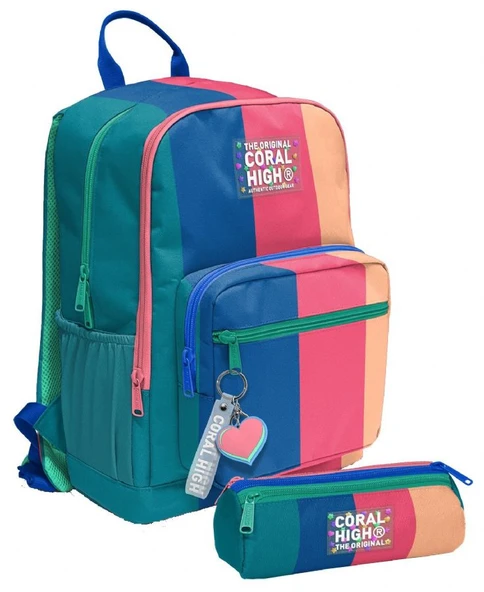 Coral High Kız Çocuk Dört Gözlü Okul Sırt Çantası ve  Kalemlik Seti - Yeşil Mavi Pembe Renkli Çizgili - İlkokul ve Ortaokul İçin Uygun ürün görseli