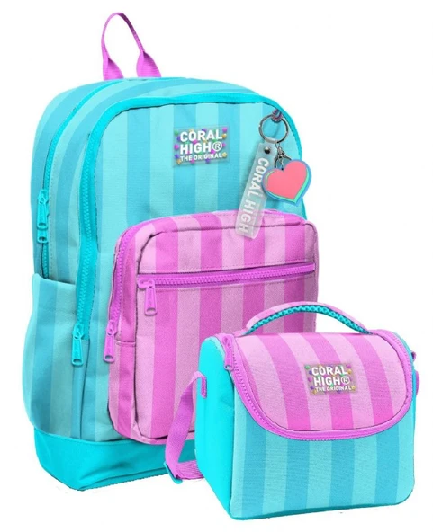 Coral High Kız Çocuklar İçin Dayanıklı İkili İlk Okul Çanta Seti  - Turkuaz Pembe Çizgili ürün görseli