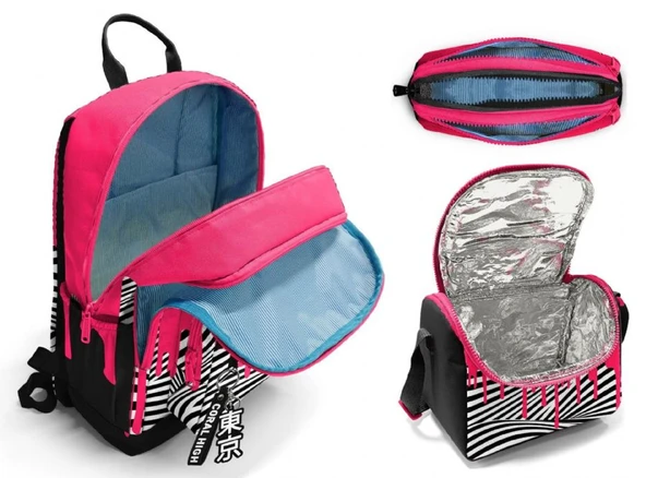 Coral High İlkokul ve Ortaokul Okul Çanta Üçlüsü - Kız Çocuk, Pembe Siyah Beyaz Boya Desenli - Resim 2