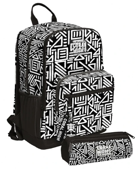 Coral High Erkek Çocuk Dört Gözlü Okul Sırt Çantası ve  Kalemlik Seti - Siyah Beyaz Geometrik Şekiller - İlkokul ve Ortaokul İçin Uygun ürün görseli
