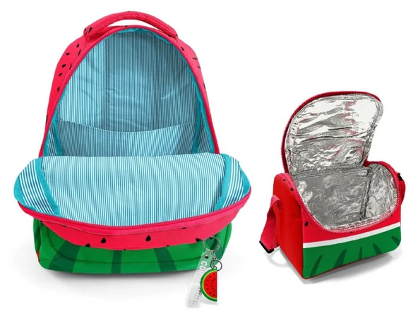Coral HighErkek Çocuklar İçin Üç Gözlü Kırmızı Yeşil Karpuz Okul Sırt Çantası ve Termal Beslenme Çantası - Resim 2