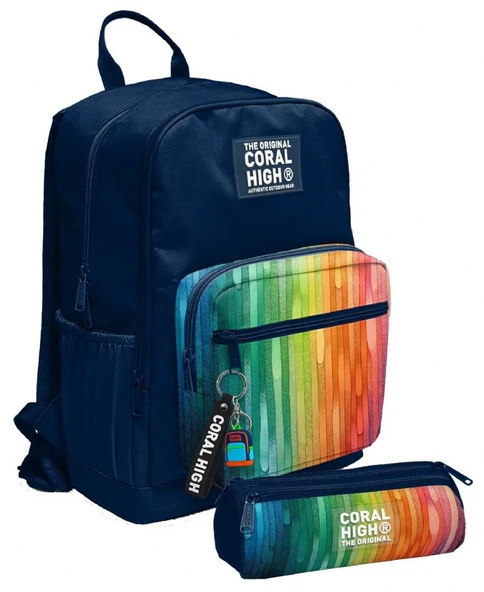 Coral High Erkek Çocuk Dört Gözlü Okul Sırt Çantası ve  Kalemlik Seti - Lacivert Çok Renkli Çizgi Desenli - İlkokul ve Ortaokul İçin Uygun ürün görseli