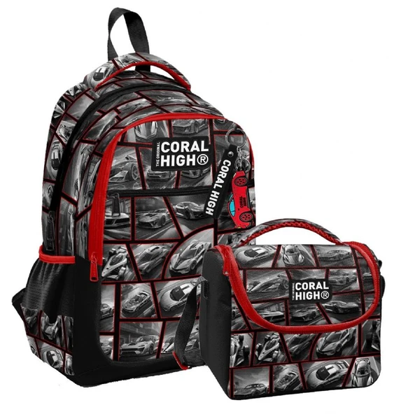 Coral HighErkek Çocuklar İçin Üç Gözlü Siyah Kırmızı Araba Okul Sırt Çantası ve Termal Beslenme Çantası ürün görseli 1