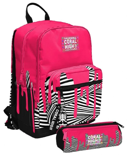 Coral High Kız Çocuk Dört Gözlü Okul Sırt Çantası ve  Kalemlik Seti - Pembe Siyah Beyaz Boya Desenli - İlkokul ve Ortaokul İçin Uygun - 1