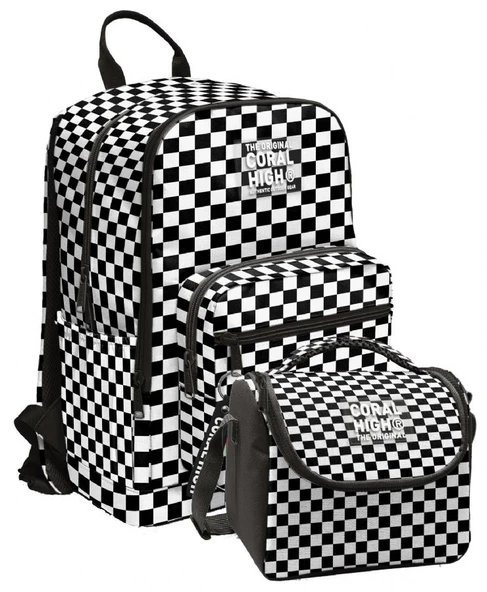 Coral High İlkokul ve Ortaokul Sırt Çantası ve Beslenme Seti - Kız Çocuklar İçin Siyah Beyaz Damalı ürün görseli