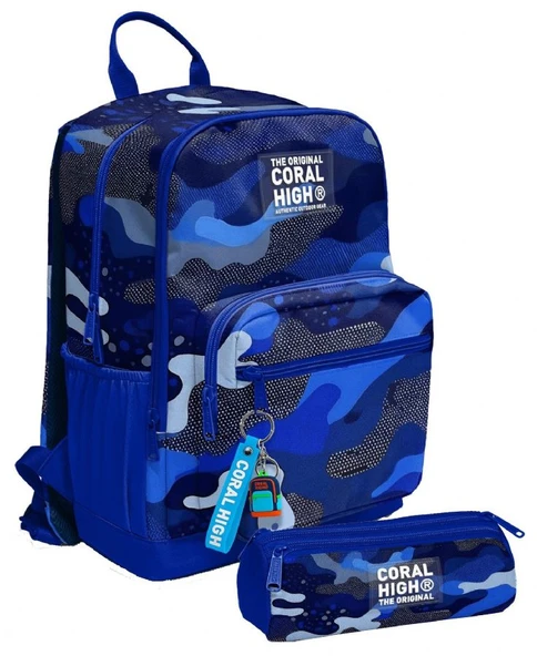 Coral High Erkek Çocuk Dört Gözlü Okul Sırt Çantası ve  Kalemlik Seti - Mavi Lacivert Kamuflaj - İlkokul ve Ortaokul İçin Uygun