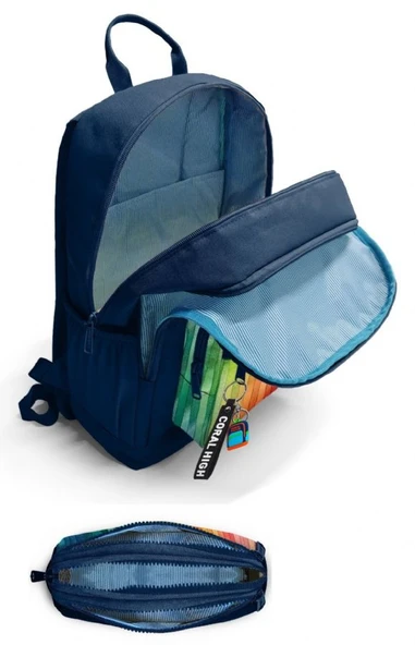 Coral High Erkek Çocuk Dört Gözlü Okul Sırt Çantası ve  Kalemlik Seti - Lacivert Çok Renkli Çizgi Desenli - İlkokul ve Ortaokul İçin Uygun - Resim 2