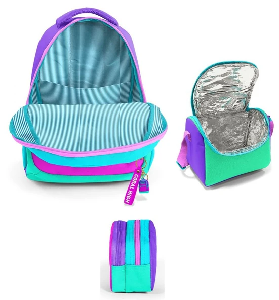 Coral High Üç Gözlü Pembe Yeşil Çok Renkli, Kız Çocuk, İlkokul Üçlü Okul Çanta Seti - Resim 2