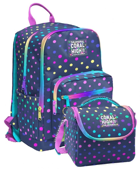 Coral High İlkokul ve Ortaokul Sırt Çantası ve Beslenme Seti - Kız Çocuklar İçin Puantiyeli Lacivert - 1