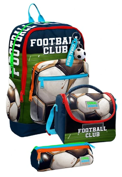Coral High İlkokul Üçlü Okul Başlangıç Çanta Seti - Lacivert Yeşil Futbol, Erkek Çocuk