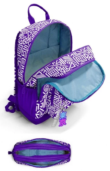 Coral High Kız Çocuk Dört Gözlü Okul Sırt Çantası ve  Kalemlik Seti - Mor Beyaz Geometrik Şekiller - İlkokul ve Ortaokul İçin Uygun - Resim 2