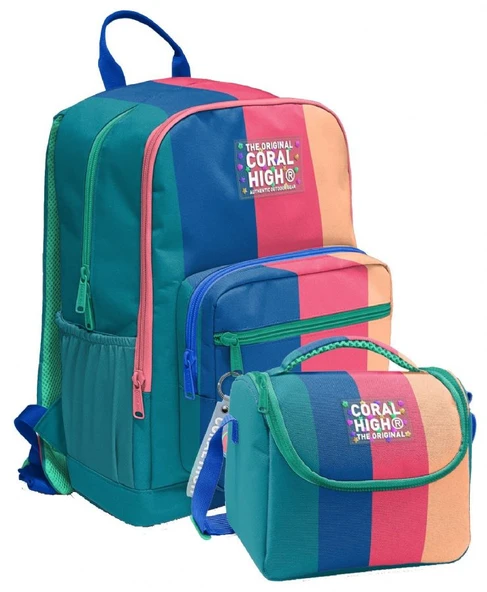 Coral High İlkokul ve Ortaokul Sırt Çantası ve Beslenme Seti - Kız Çocuklar İçin Yeşil Mavi Pembe Renkli Çizgili ürün görseli
