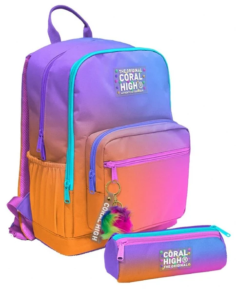 Coral High Kız Çocuk Dört Gözlü Okul Sırt Çantası ve  Kalemlik Seti - Turuncu Mor Renk Geçişli - İlkokul ve Ortaokul İçin Uygun - 1