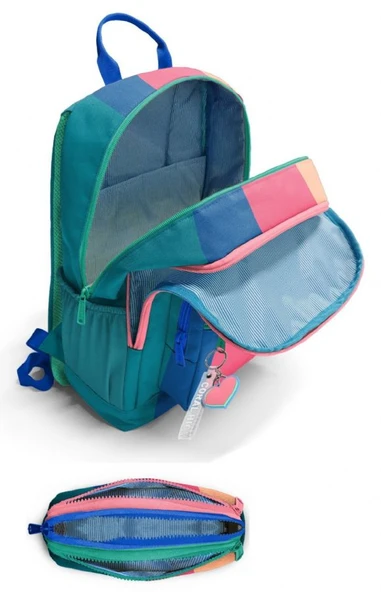 Coral High Kız Çocuk Dört Gözlü Okul Sırt Çantası ve  Kalemlik Seti - Yeşil Mavi Pembe Renkli Çizgili - İlkokul ve Ortaokul İçin Uygun - Resim 2