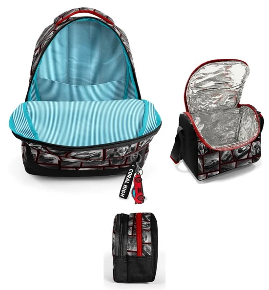 Coral High Üç Gözlü Siyah Kırmızı Araba, Erkek Çocuk, İlkokul Üçlü Okul Çanta Seti - Resim 2