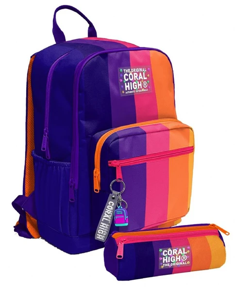Coral High Kız Çocuk Dört Gözlü Okul Sırt Çantası ve  Kalemlik Seti - Mor Turuncu Renkli Çizgili - İlkokul ve Ortaokul İçin Uygun ürün görseli