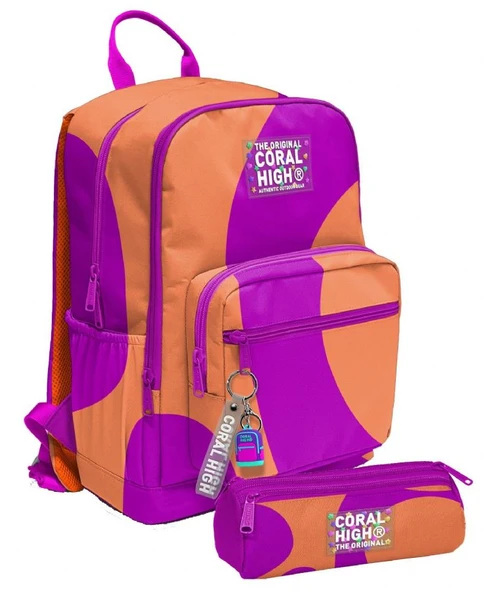Coral High Kız Çocuk Dört Gözlü Okul Sırt Çantası ve  Kalemlik Seti - Turuncu Mor Renkli Çizgili - İlkokul ve Ortaokul İçin Uygun ürün görseli