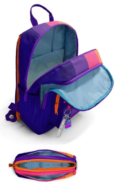 Coral High Kız Çocuk Dört Gözlü Okul Sırt Çantası ve  Kalemlik Seti - Mor Turuncu Renkli Çizgili - İlkokul ve Ortaokul İçin Uygun - Resim 2