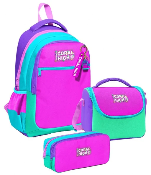 Coral High Üç Gözlü Pembe Yeşil Çok Renkli, Kız Çocuk, İlkokul Üçlü Okul Çanta Seti ürün görseli