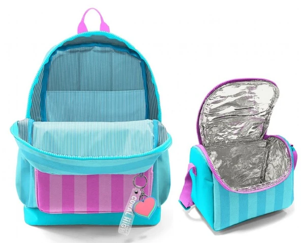 Coral High Kız Çocuklar İçin Dayanıklı İkili İlk Okul Çanta Seti  - Turkuaz Pembe Çizgili - Resim 2
